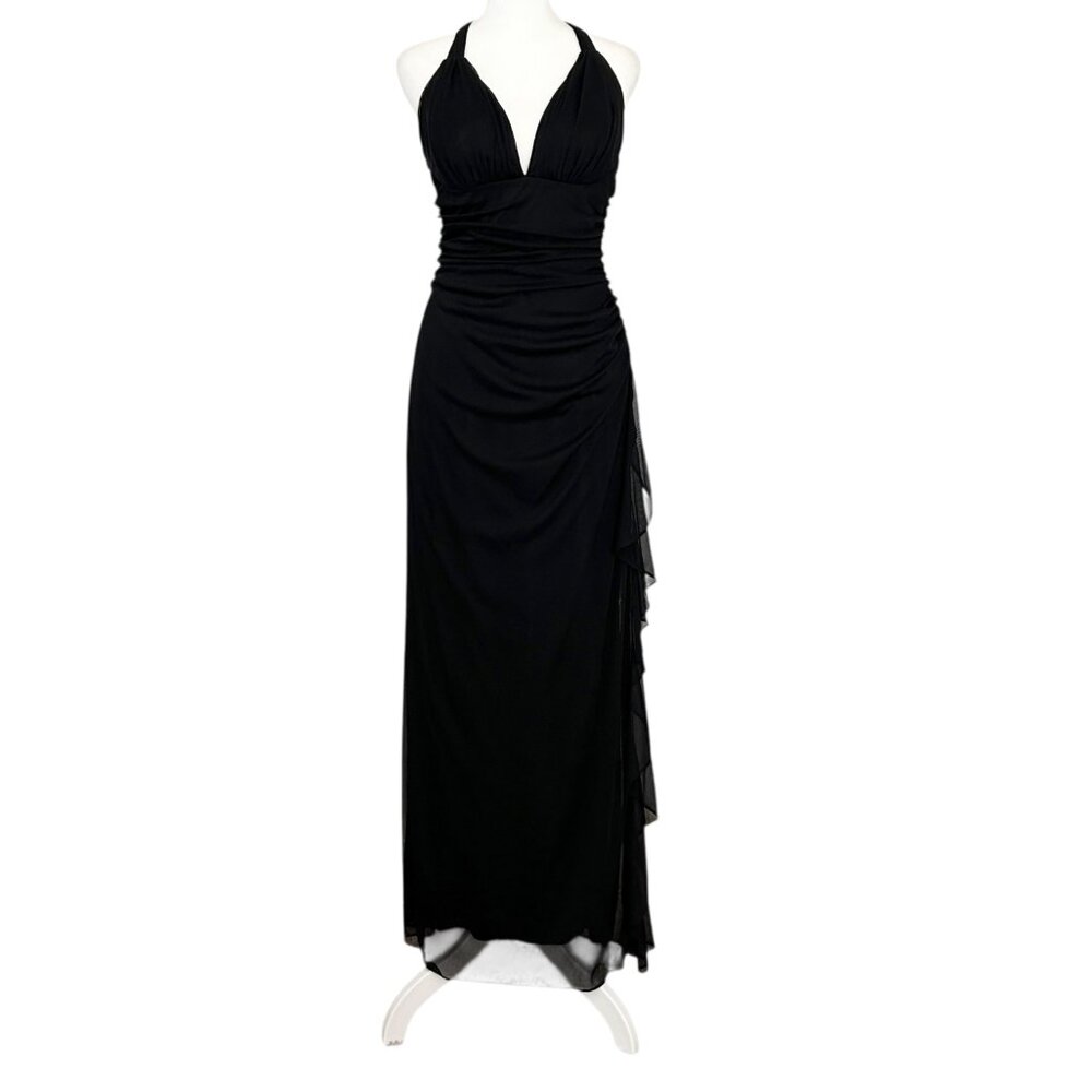 Betsy & Adam Y2K Vtg Black Halter Ruched Ruffle Sheer Witchy Whimsigoth Dress 10